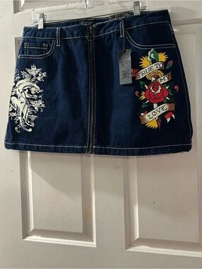 Ed Hardy Navy Denim Mini Skirt with Tattoo Rose Motif